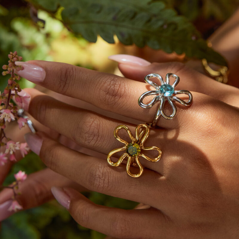 Gold-Plated Stainless Steel Flower Ring with Colorful Zircon Inlay