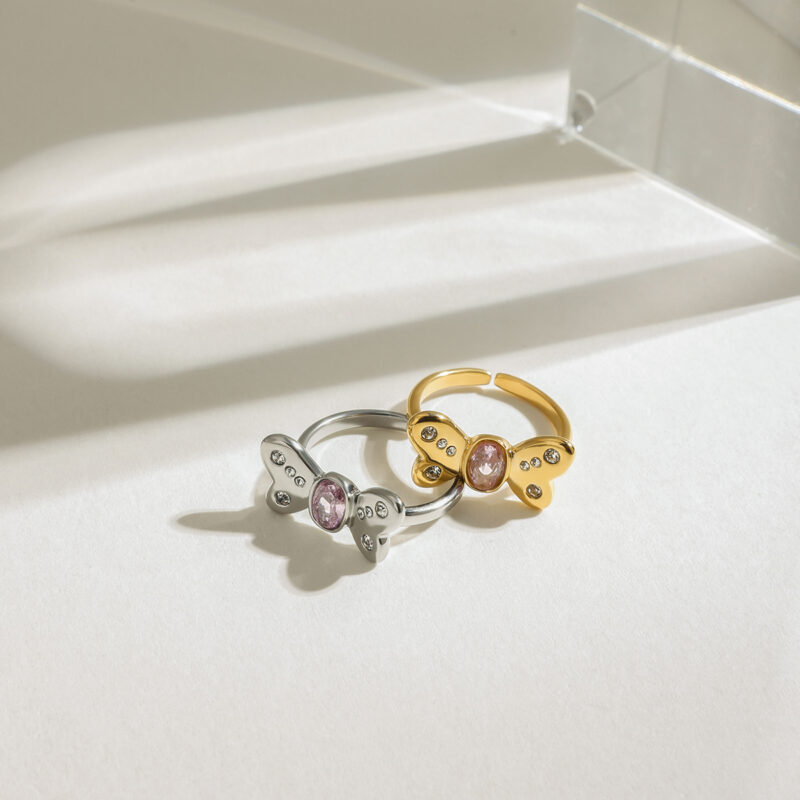 Sweet Pink Zircon Bow Open Ring 18K Gold-Plated Stainless Steel Jewelry - Image 7