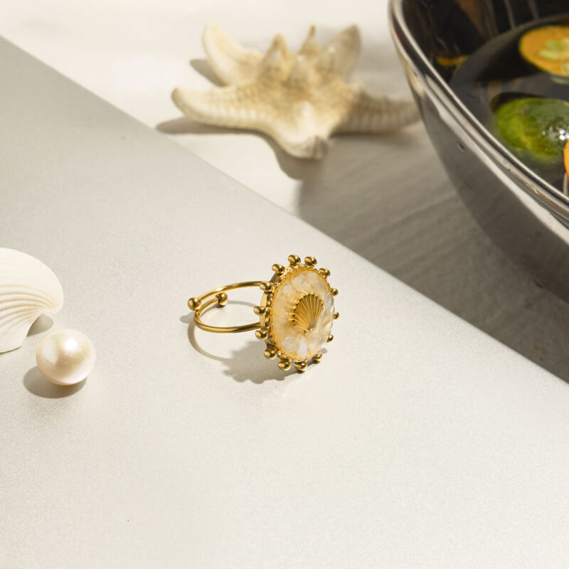 18K Gold Plated Shell Drop Open Ring – Waterproof Boho Statement Jewelry - Image 7