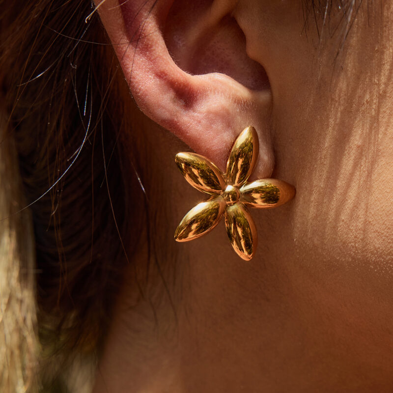Glossy Flower Stud Earrings – 18K Gold-Plated Waterproof Stainless Steel - Image 2