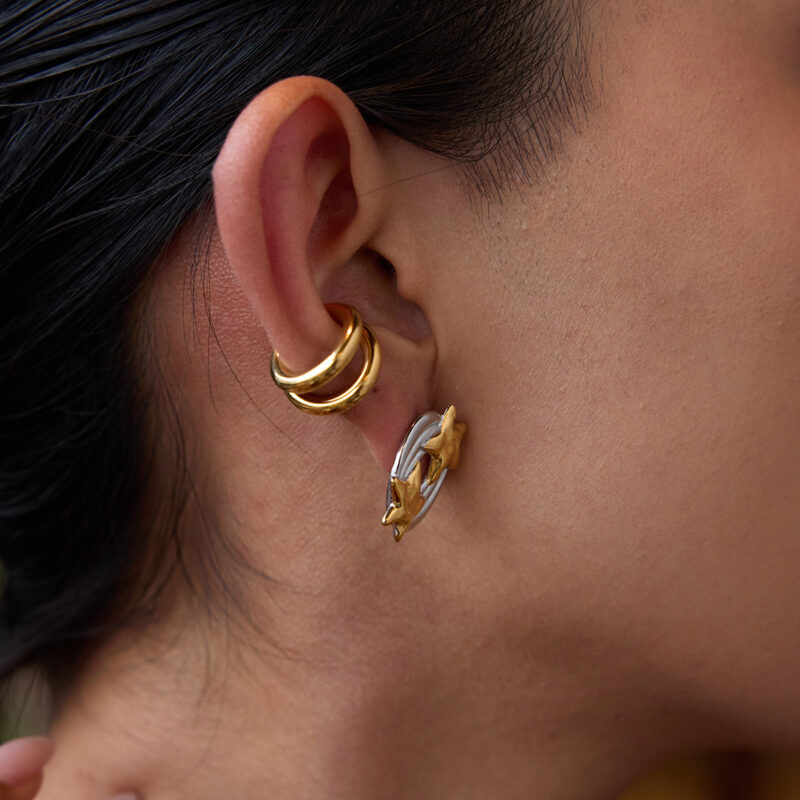 18K Gold-Plated Stainless Steel Geometric Hammered Meteor Earrings – Waterproof Oval Two-Color Design - Image 3