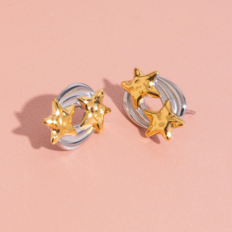 18K Gold-Plated Stainless Steel Geometric Hammered Meteor Earrings – Waterproof Oval Two-Color Design - Image 6