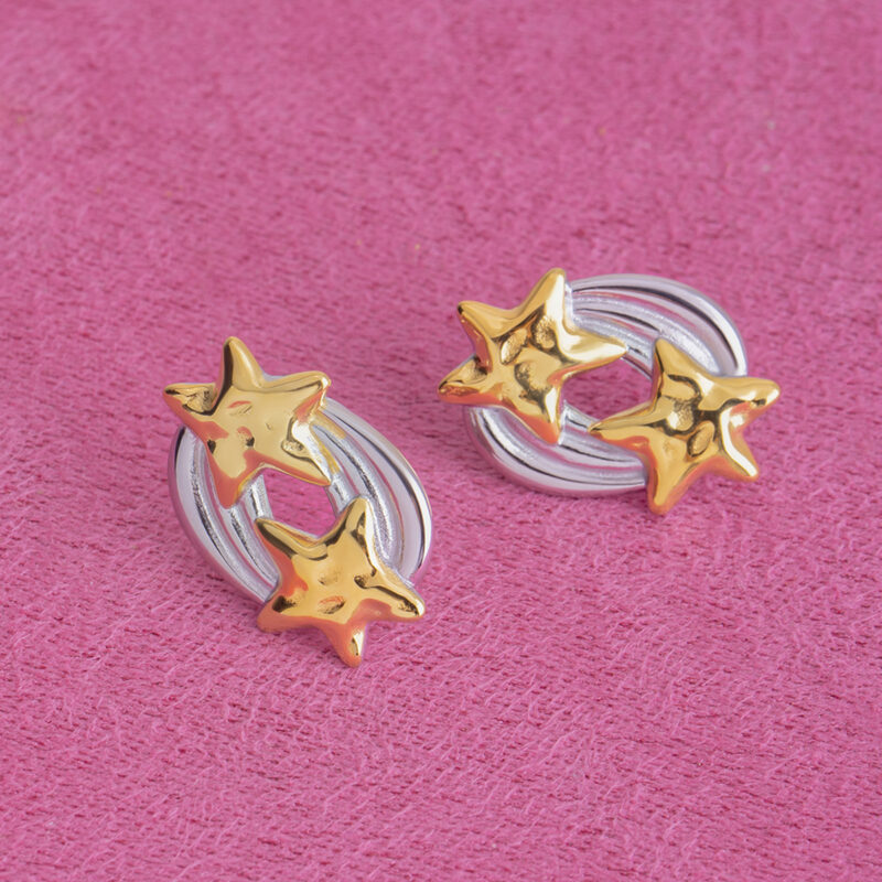 18K Gold-Plated Stainless Steel Geometric Hammered Meteor Earrings – Waterproof Oval Two-Color Design - Image 7