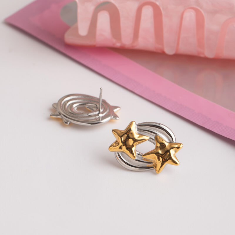 18K Gold-Plated Stainless Steel Geometric Hammered Meteor Earrings – Waterproof Oval Two-Color Design - Image 5