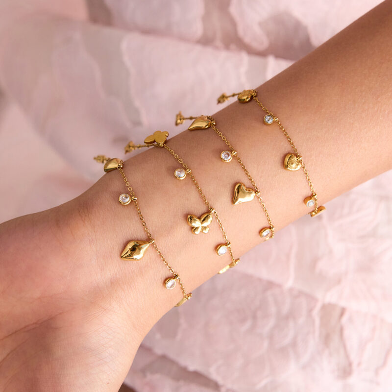 Exquisite Gold Butterfly Heart Charm Bracelet