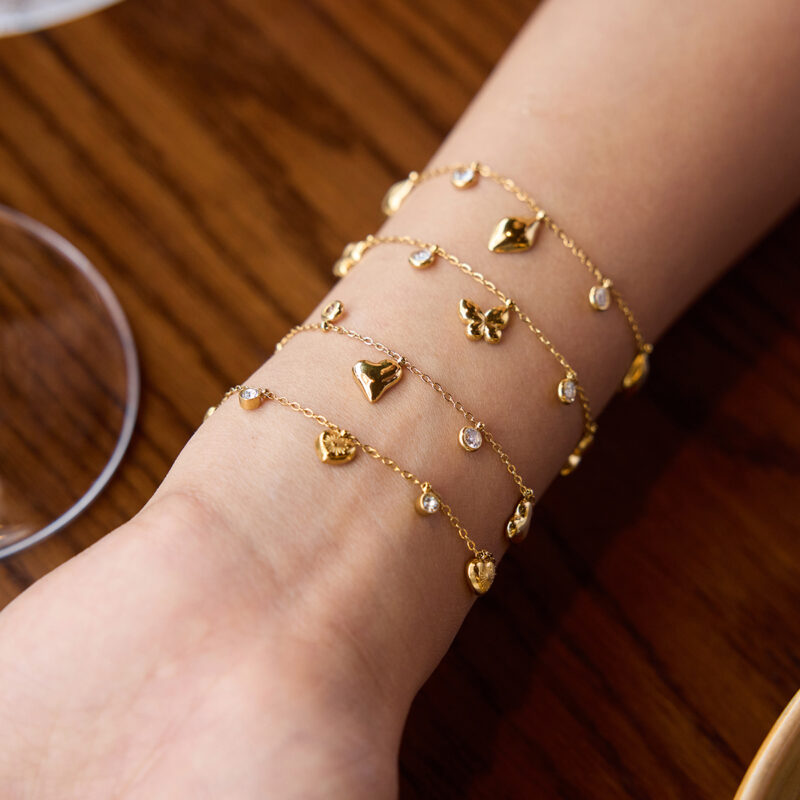 Exquisite Gold Butterfly Heart Charm Bracelet - Image 3