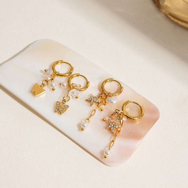Sweet Pearl Flower Tassel Earrings with 18K Gold-Plated Butterfly Star Charms - Image 4