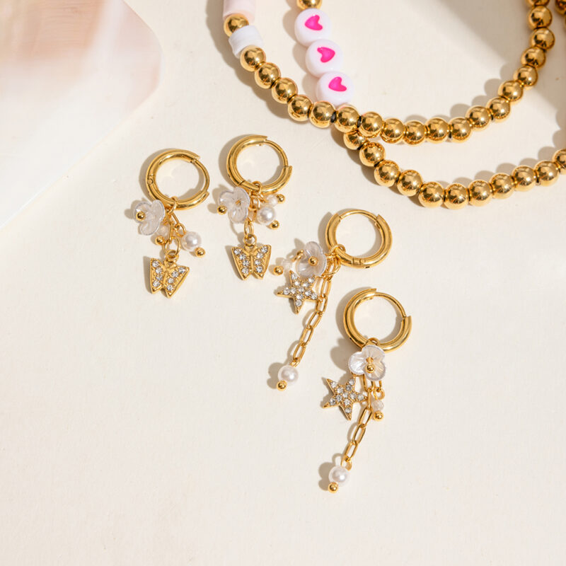 Sweet Pearl Flower Tassel Earrings with 18K Gold-Plated Butterfly Star Charms - Image 5