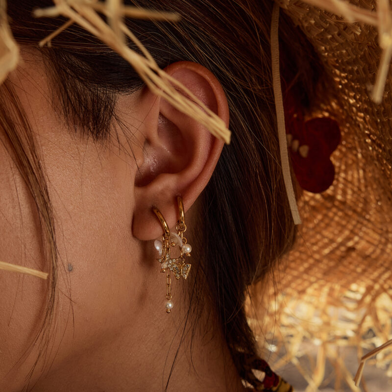 Sweet Pearl Flower Tassel Earrings with 18K Gold-Plated Butterfly Star Charms - Image 2