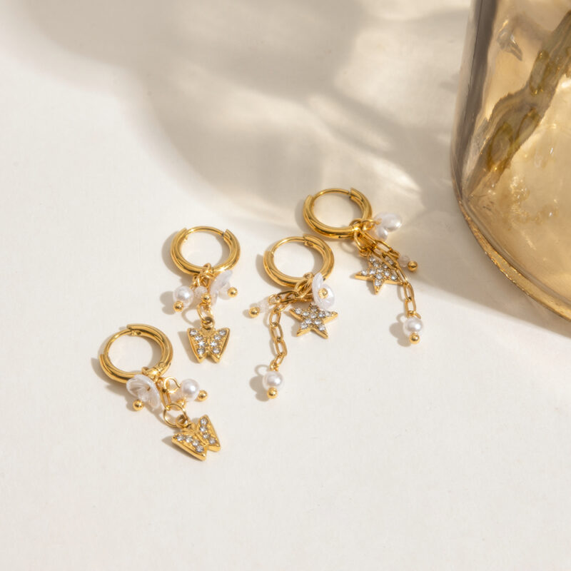 Sweet Pearl Flower Tassel Earrings with 18K Gold-Plated Butterfly Star Charms - Image 7