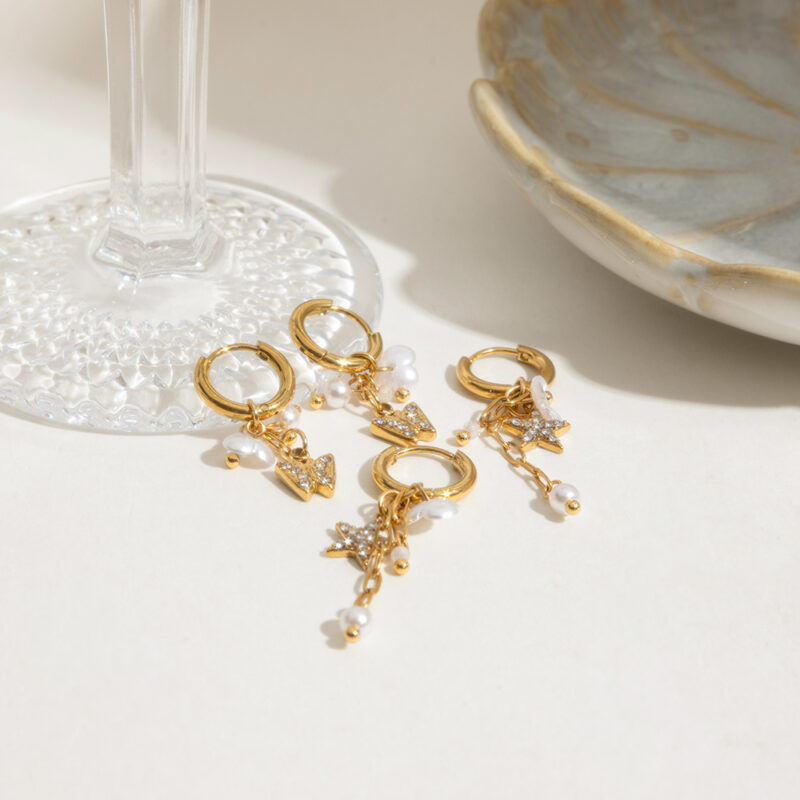 Sweet Pearl Flower Tassel Earrings with 18K Gold-Plated Butterfly Star Charms - Image 6