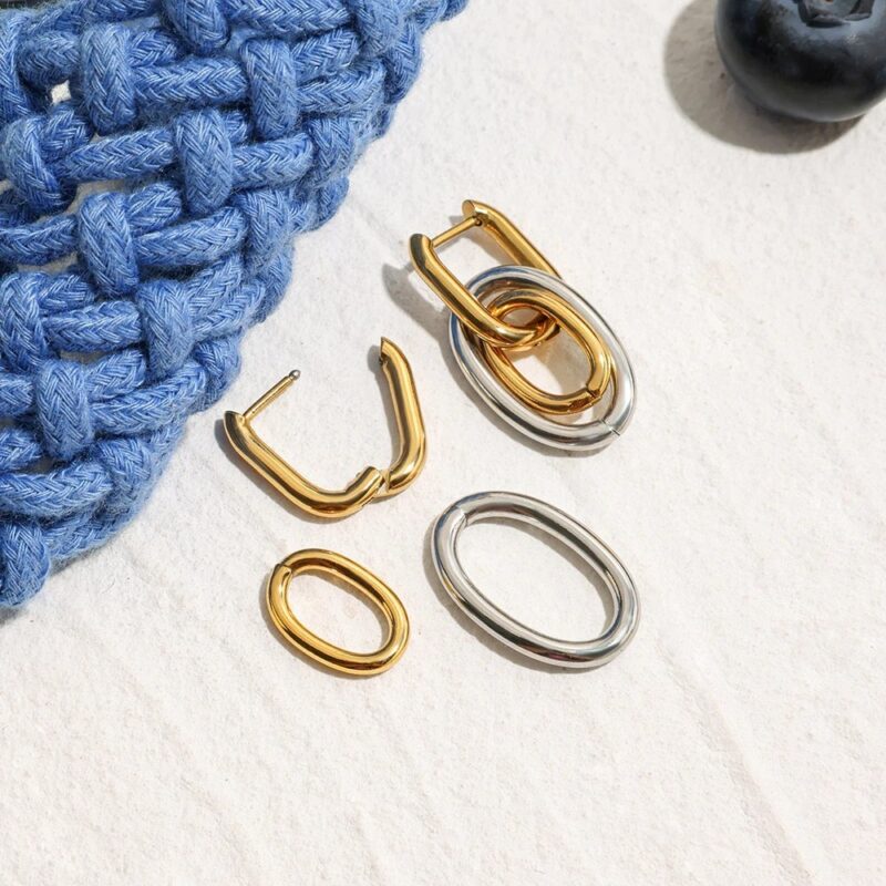 Geometric Double Ring U-Shaped Drop Earrings - Image 5