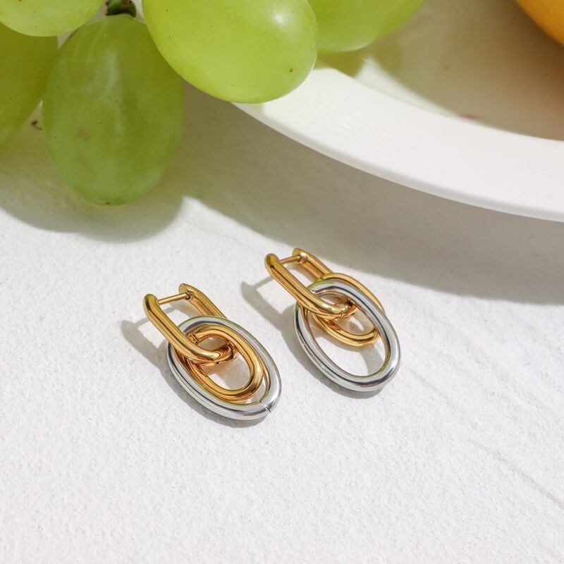 Geometric Double Ring U-Shaped Drop Earrings - Image 2