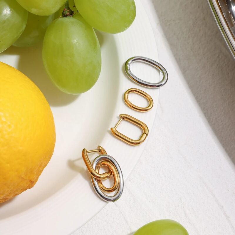 Geometric Double Ring U-Shaped Drop Earrings - Image 4