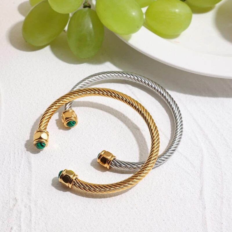 Trendy Green Malachite Inlaid 18K Gold-Plated Stainless Steel Bracelet - Image 2
