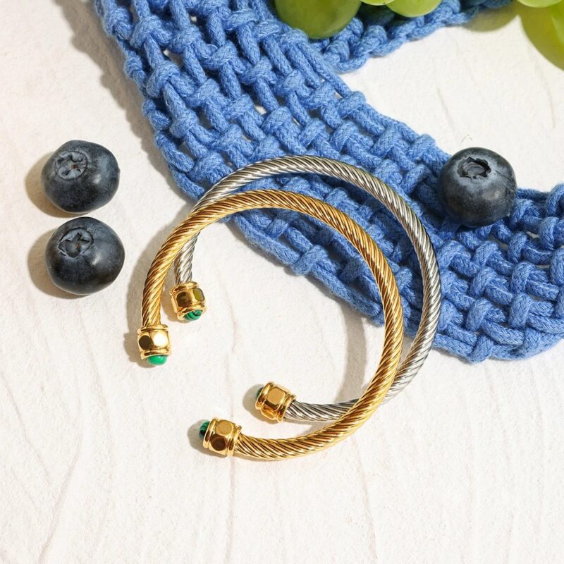 Trendy Green Malachite Inlaid 18K Gold-Plated Stainless Steel Bracelet - Image 6