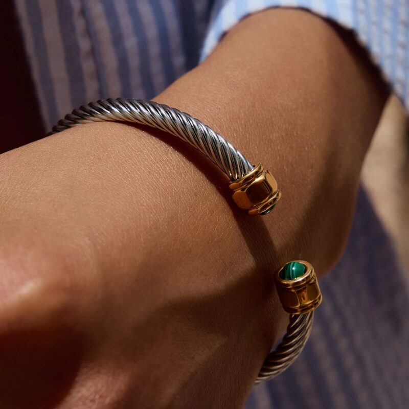Trendy Green Malachite Inlaid 18K Gold-Plated Stainless Steel Bracelet - Image 5