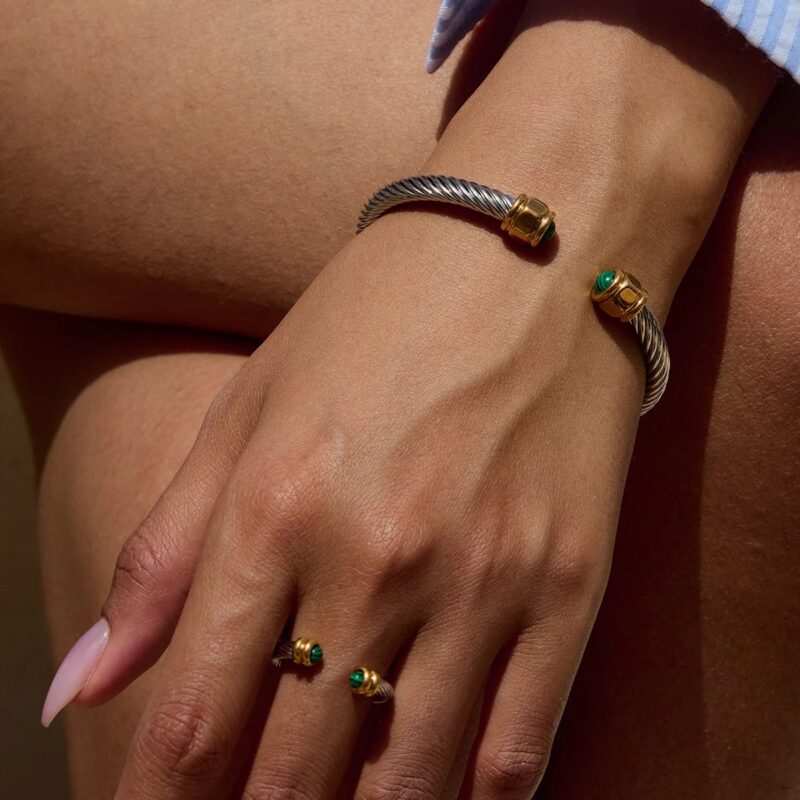Trendy Green Malachite Inlaid 18K Gold-Plated Stainless Steel Bracelet - Image 3