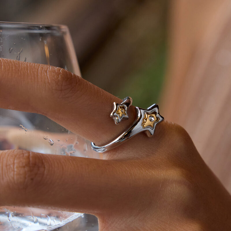 Women's 18K Gold Shooting Star Open Ring with Rhinestone Inlay