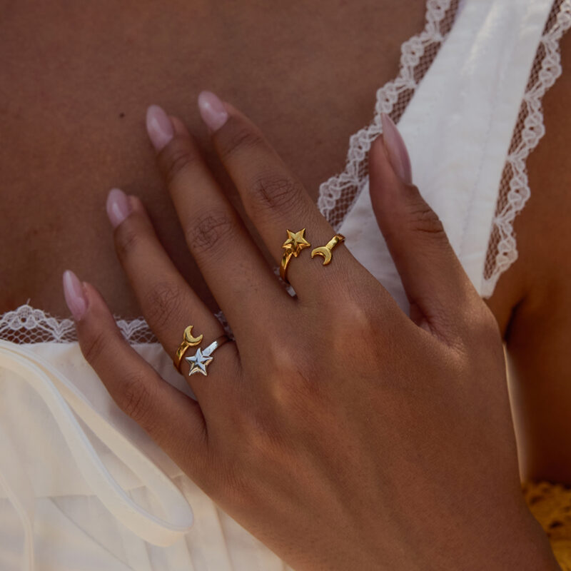 18K Gold Plated Star and Moon Open Ring