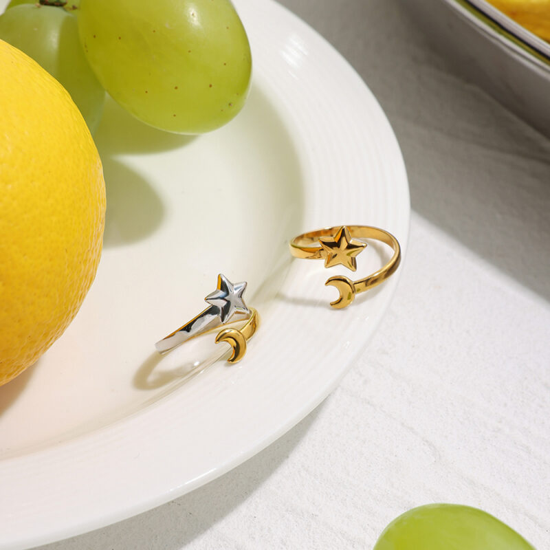 18K Gold Plated Star and Moon Open Ring - Image 4