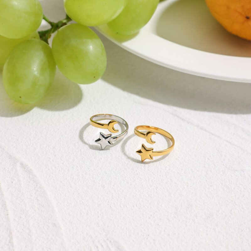 18K Gold Plated Star and Moon Open Ring - Image 3