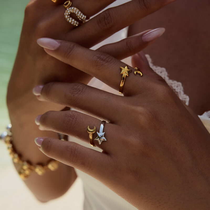 18K Gold Plated Star and Moon Open Ring - Image 2