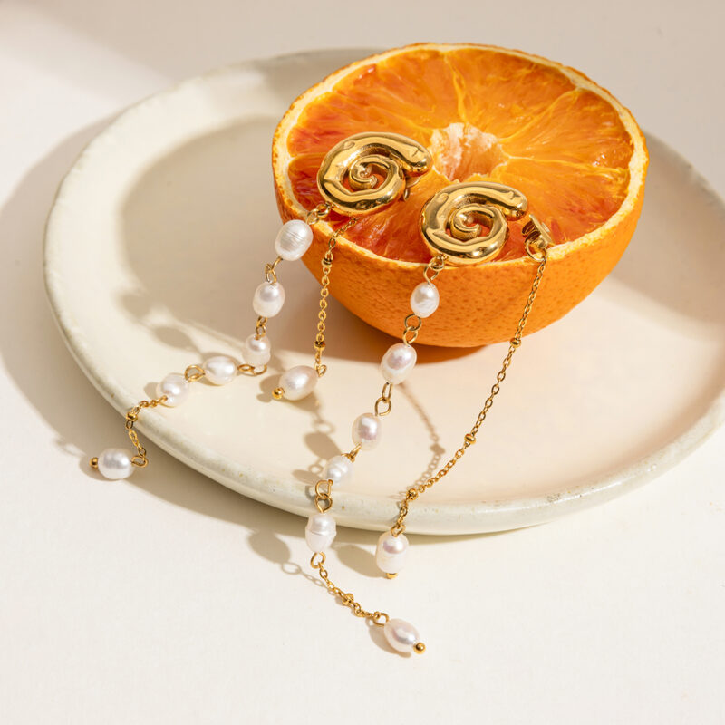 Holiday Glam 18K Gold Spiral Tassel Pearl Drop Earrings - Image 3