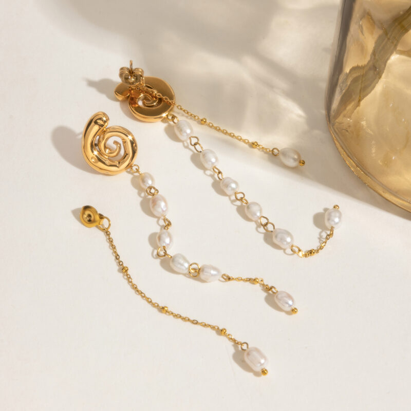 Holiday Glam 18K Gold Spiral Tassel Pearl Drop Earrings - Image 6