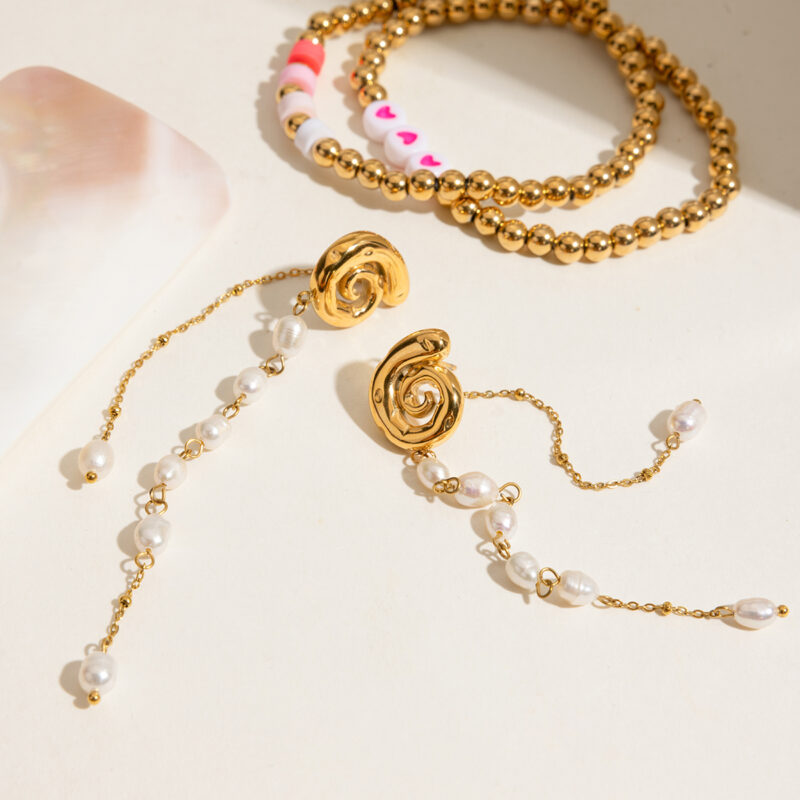 Holiday Glam 18K Gold Spiral Tassel Pearl Drop Earrings - Image 5