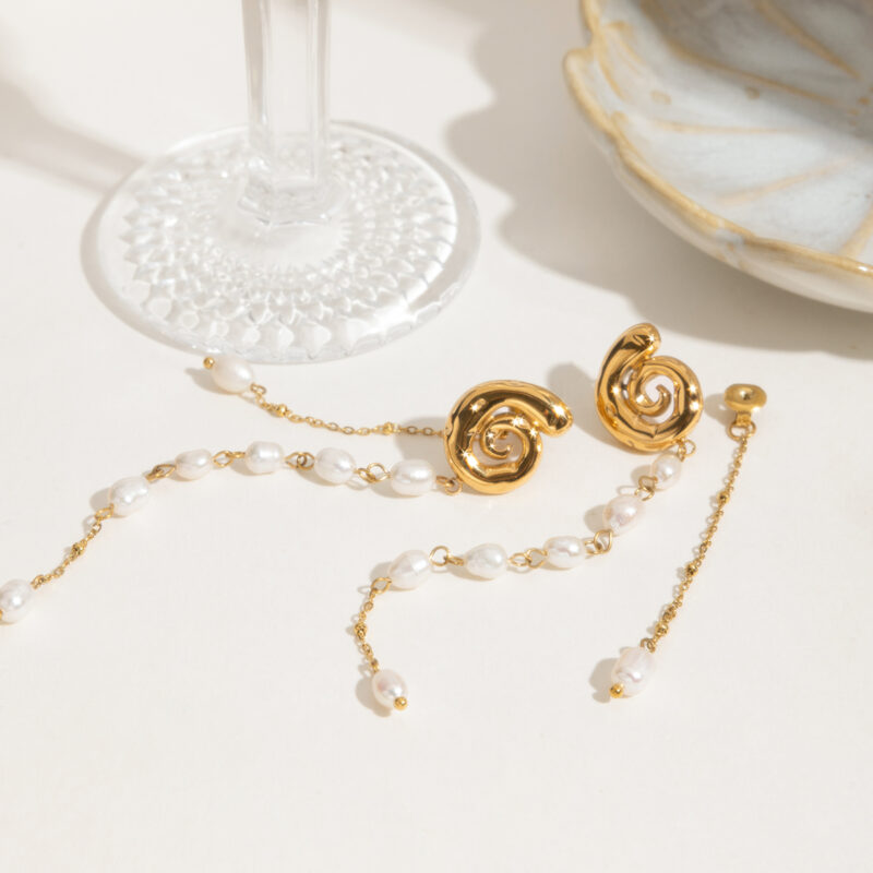 Holiday Glam 18K Gold Spiral Tassel Pearl Drop Earrings - Image 7