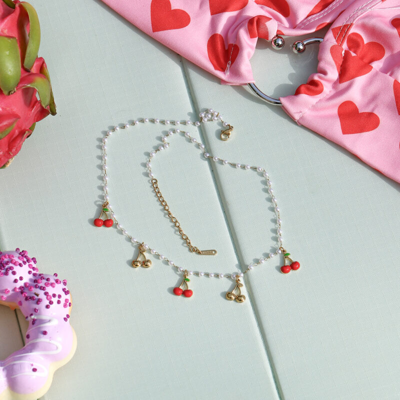 Elegant Gold Cherry Pendant Necklace with Acrylic Pearls - Image 5