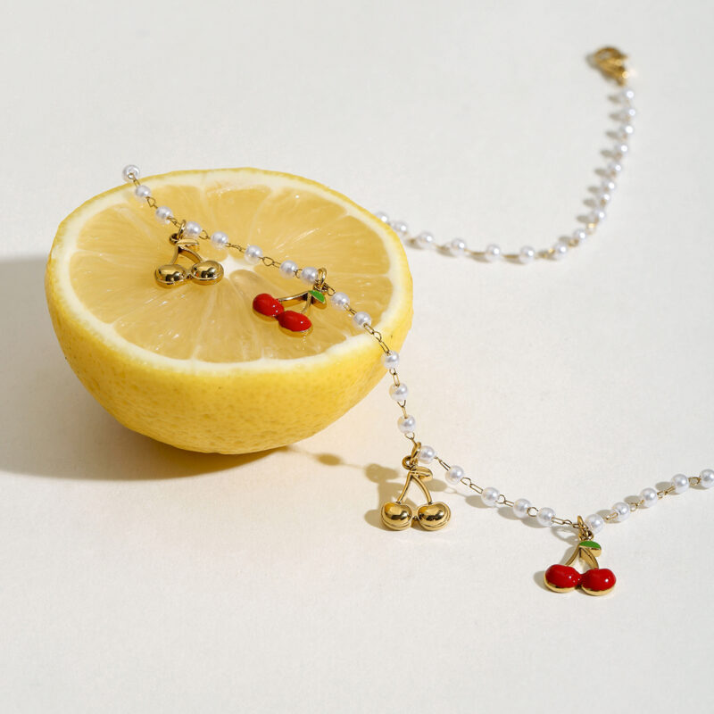 Elegant Gold Cherry Pendant Necklace with Acrylic Pearls - Image 6