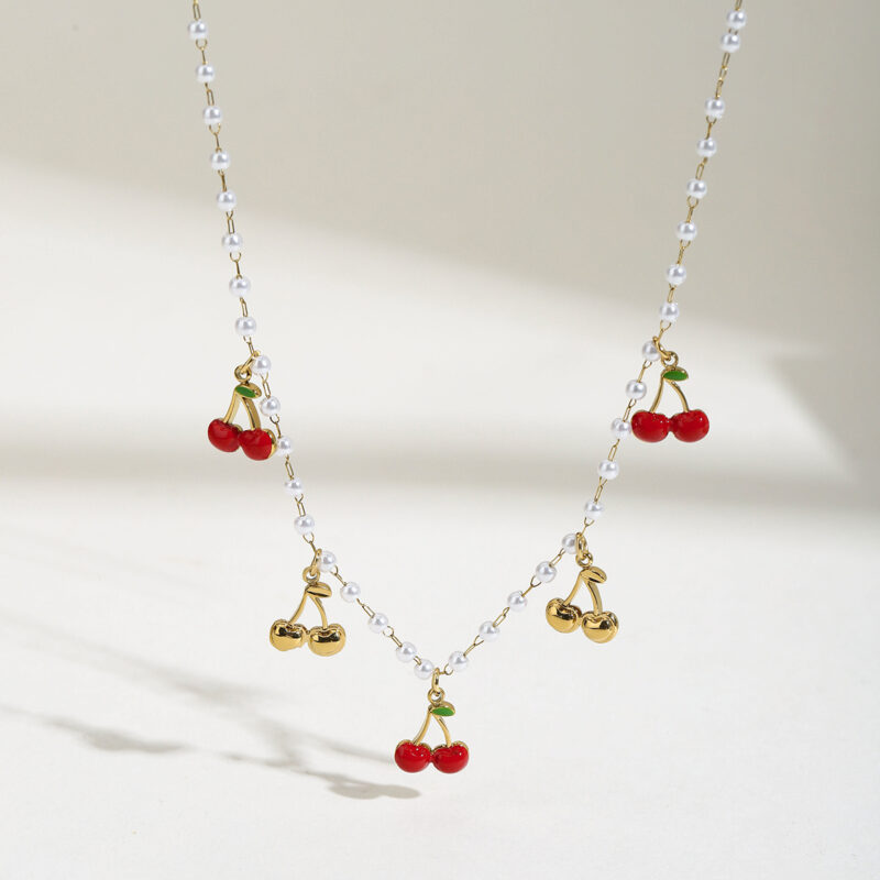 Elegant Gold Cherry Pendant Necklace with Acrylic Pearls - Image 4