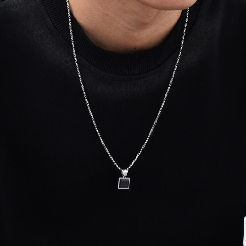 Men’s Black Square Pendant Necklace - Image 2