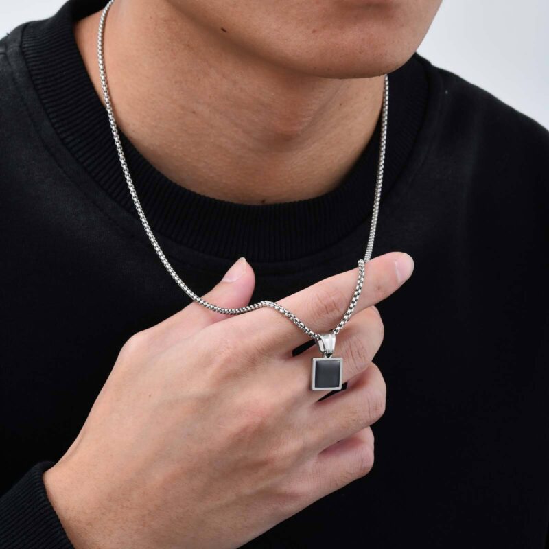 Men’s Black Square Pendant Necklace - Image 4