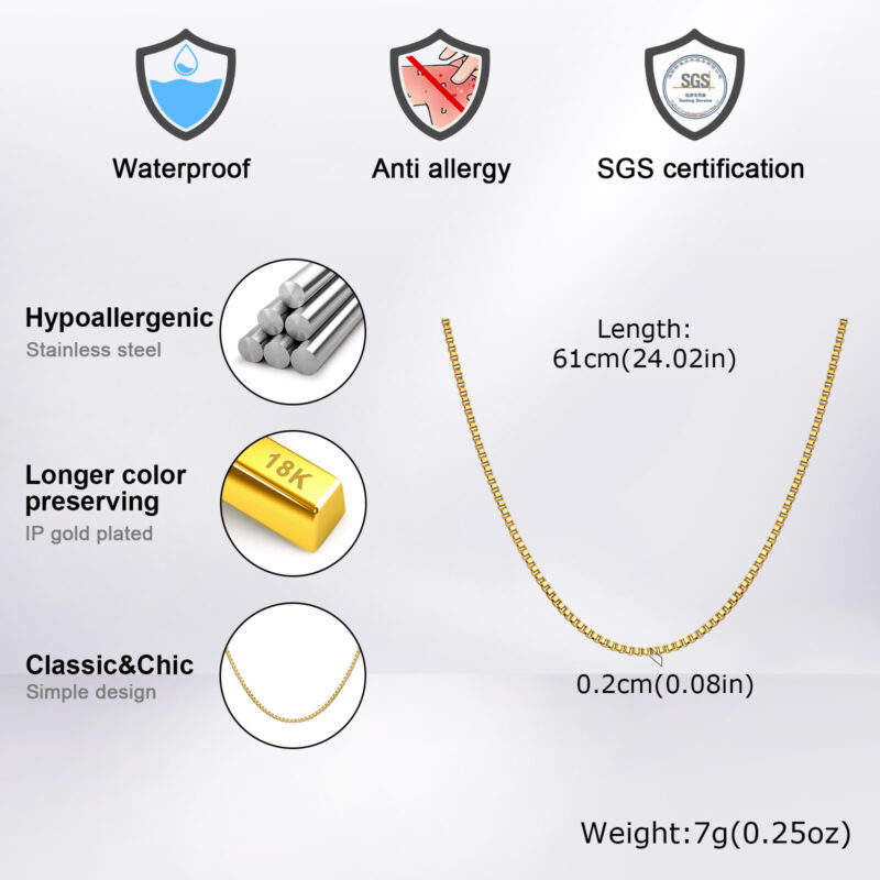 2mm Gold Square Box Chain Necklace for Men & Women - Image 3