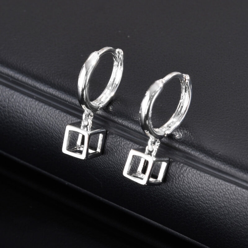 Men's 3D Geometric Square Hoop Earrings – Waterproof Stainless Steel Dangle