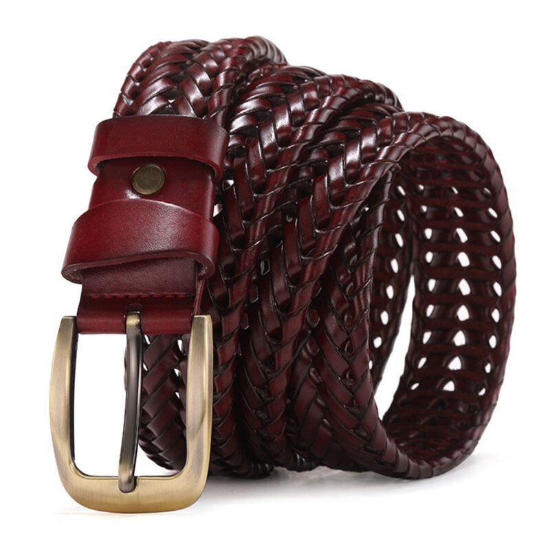 Men's Genuine Leather Braided Belt with Gold Pin Buckle - Casual Jeans Strap - Image 3
