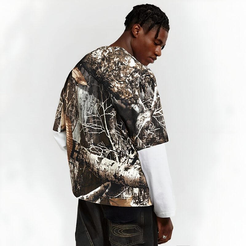 Men's Camo Patchwork Vintage Long Sleeve Streetwear Tee - Image 3