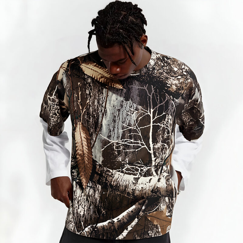 Men's Camo Patchwork Vintage Long Sleeve Streetwear Tee - Image 2