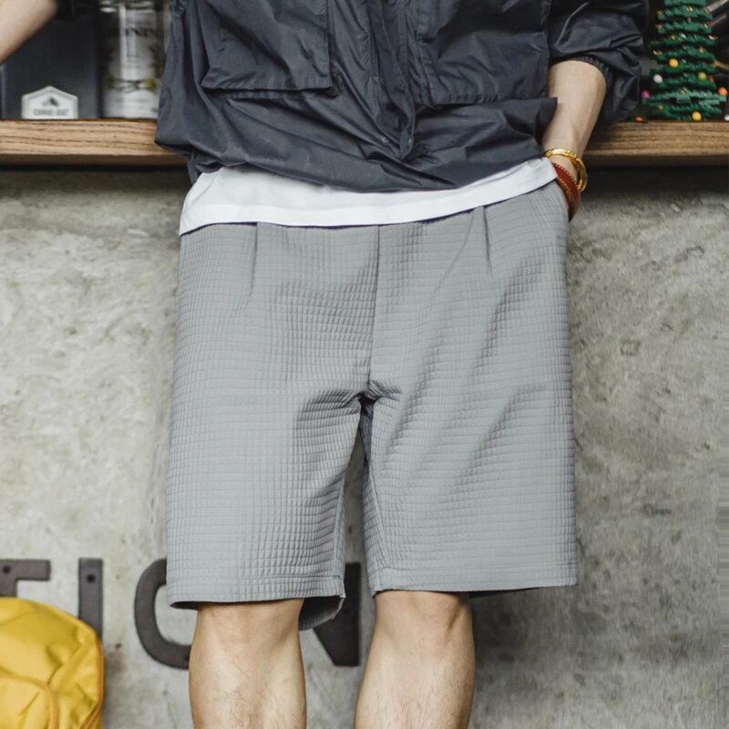 Men's Summer Straight-Fit Bermuda Shorts with 3D Grid Pattern and Elastic Waist