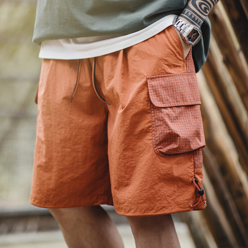 Men's Orange Patchwork Gingham Summer Beach Shorts – Loose Fit, Breathable, Plus Size
