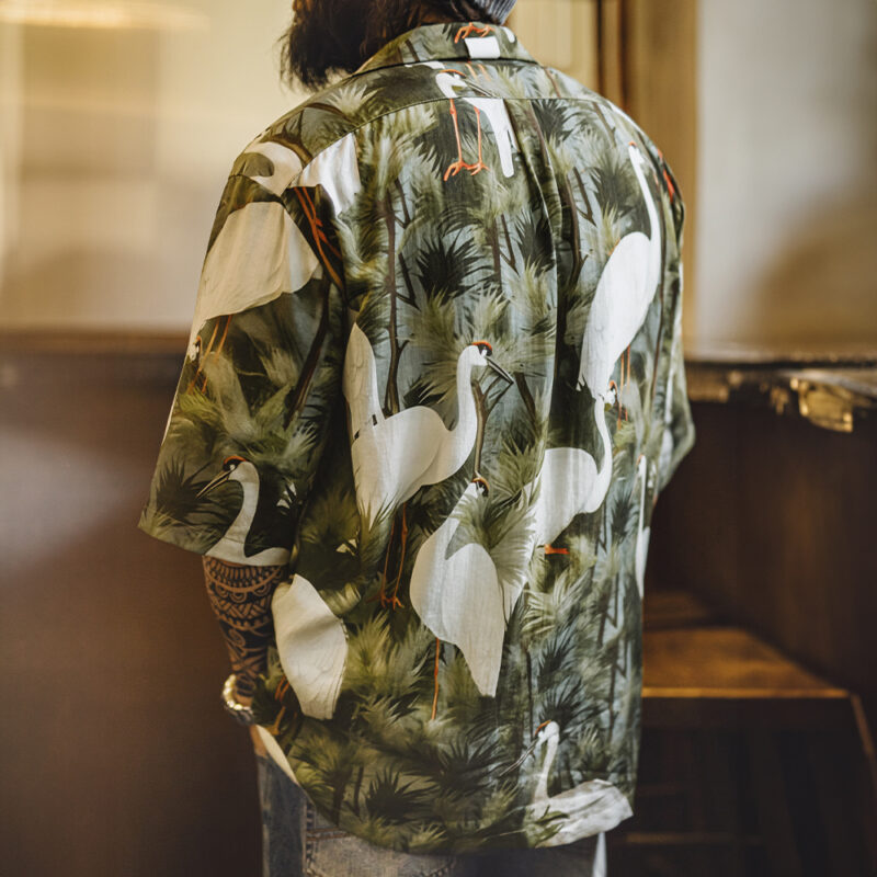 Men’s Retro Crane Print Cuban Collar Shirt - Image 5