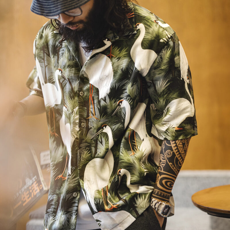Men’s Retro Crane Print Cuban Collar Shirt - Image 3