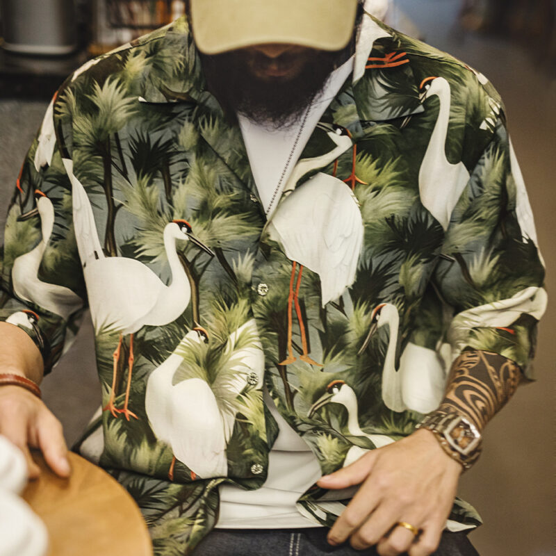 Men’s Retro Crane Print Cuban Collar Shirt - Image 4