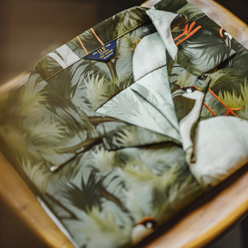 Men’s Retro Crane Print Cuban Collar Shirt - Image 6