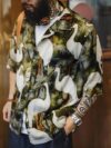 Men’s Retro Crane Print Cuban Collar Shirt
