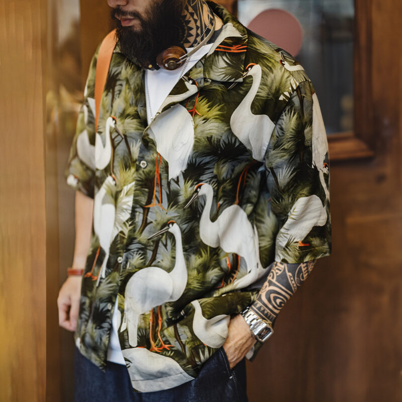 Men’s Retro Crane Print Cuban Collar Shirt - Image 2
