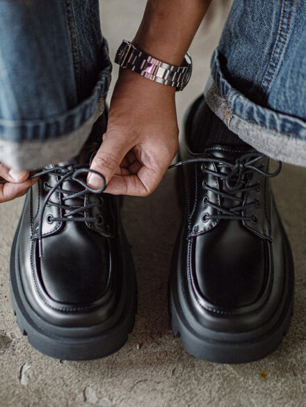 Men’s Black Genuine Leather Lace-Up Shoes with Thick Rubber Sole